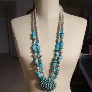 🔴Chico's Faux Turquoise/Silver Tone Long Necklace